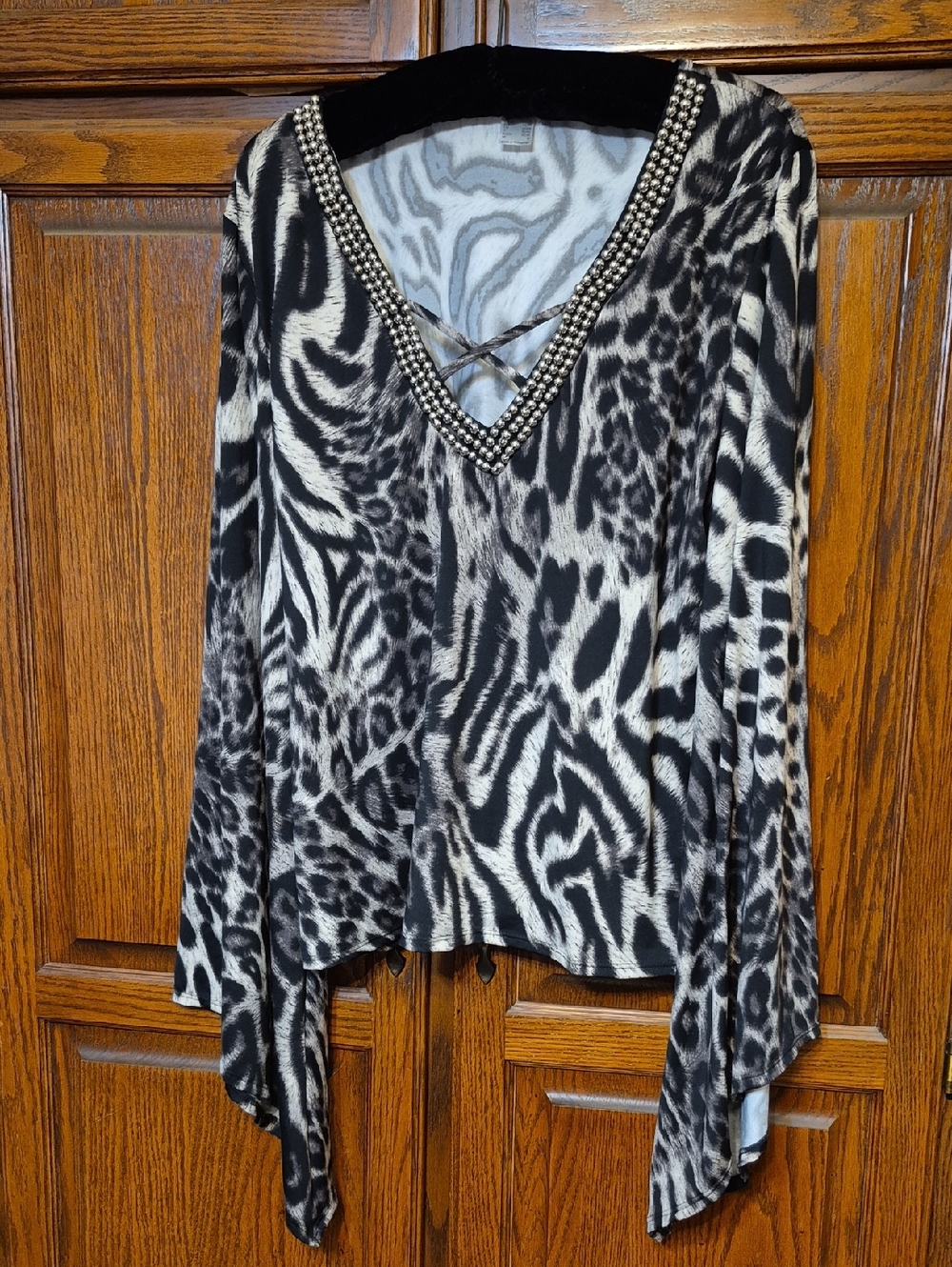 Beaded V-Neck Animal Print Women's Top